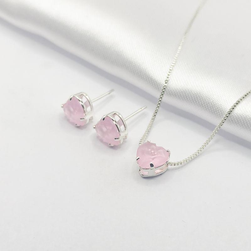 CONJUNTO PRATA CORAÇÃO ROSA 45CM M