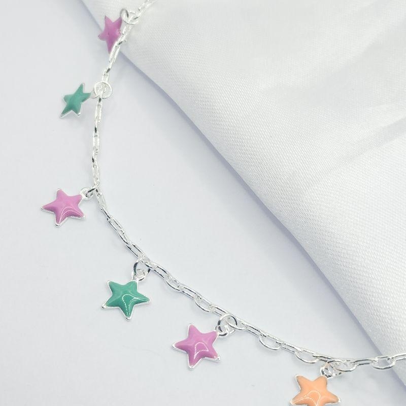 GARGANTILHA PRATA ESTRELAS COLORIDAS 45 CM