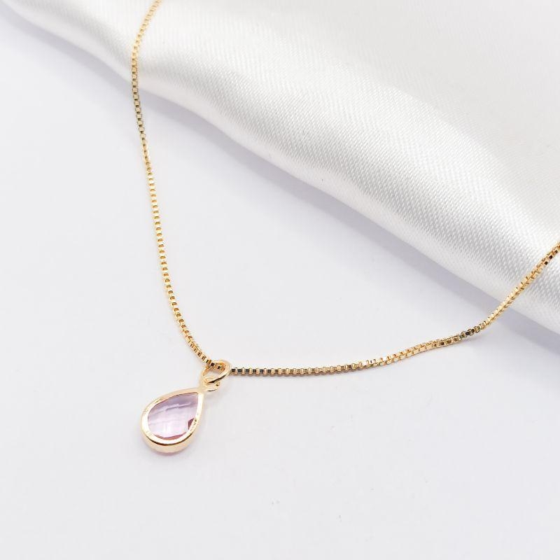 COLAR DOURADO GOTA ROSA 45CM