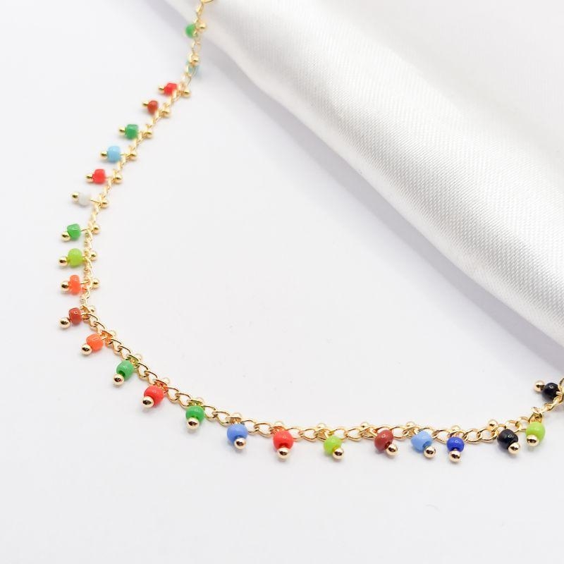 COLAR DOURADO CHOKER MIÇANGAS COLORIDAS 35CM