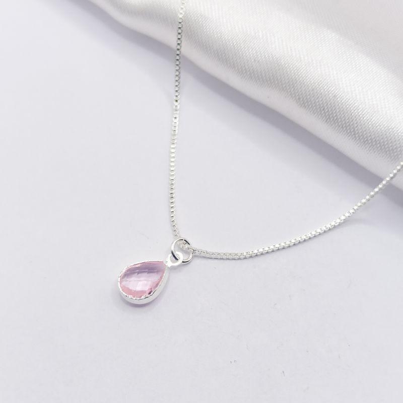 COLAR PRATA GOTA ROSA 45CM