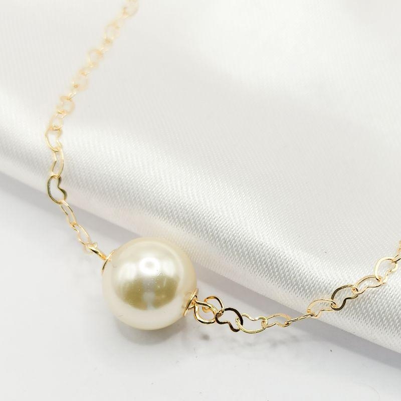 GARGANTILHA DOURADA ELO CORAÇÃO E PÉROLA 45CM