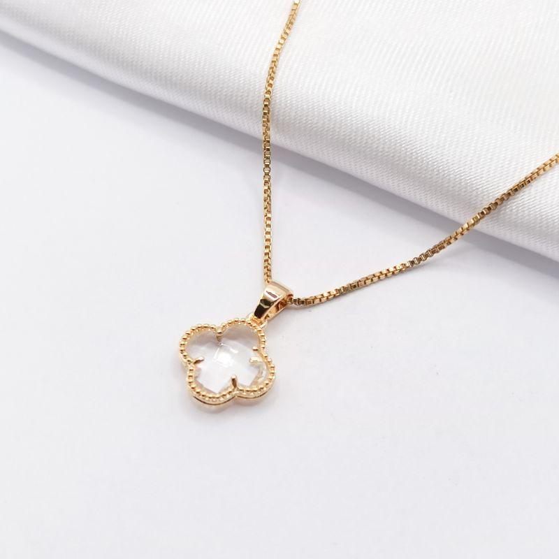 GARGANTILHA DOURADA TREVO VAN CLEFF CRISTAL 45CM