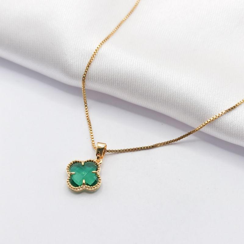 GARGANTILHA DOURADA TREVO VAN CLEFF VERDE 45CM