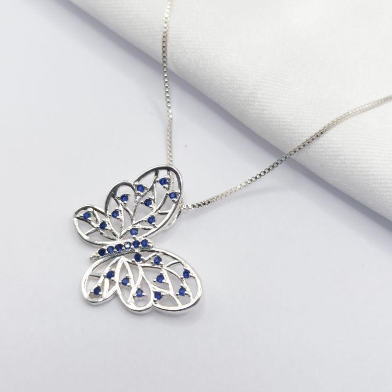 GARGANTILHA PRATA BORBOLETA COM ZIRCÔNIA AZUL 45CM