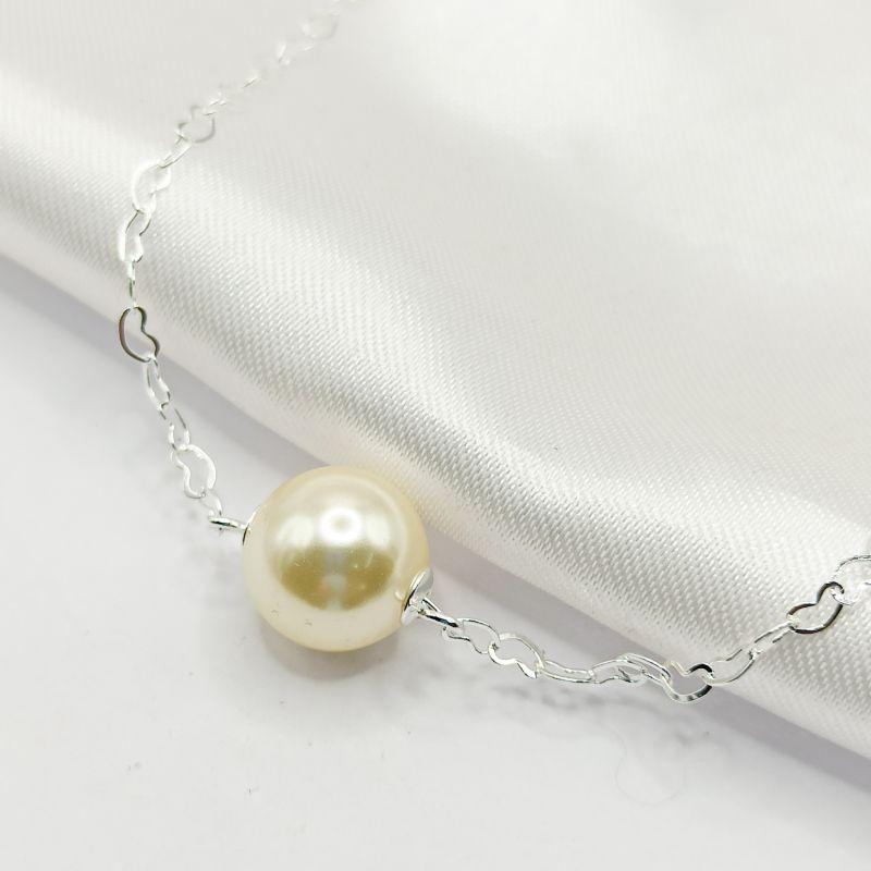 GARGANTILHA PRATA ELO CORAÇÃO E PÉROLA 45CM