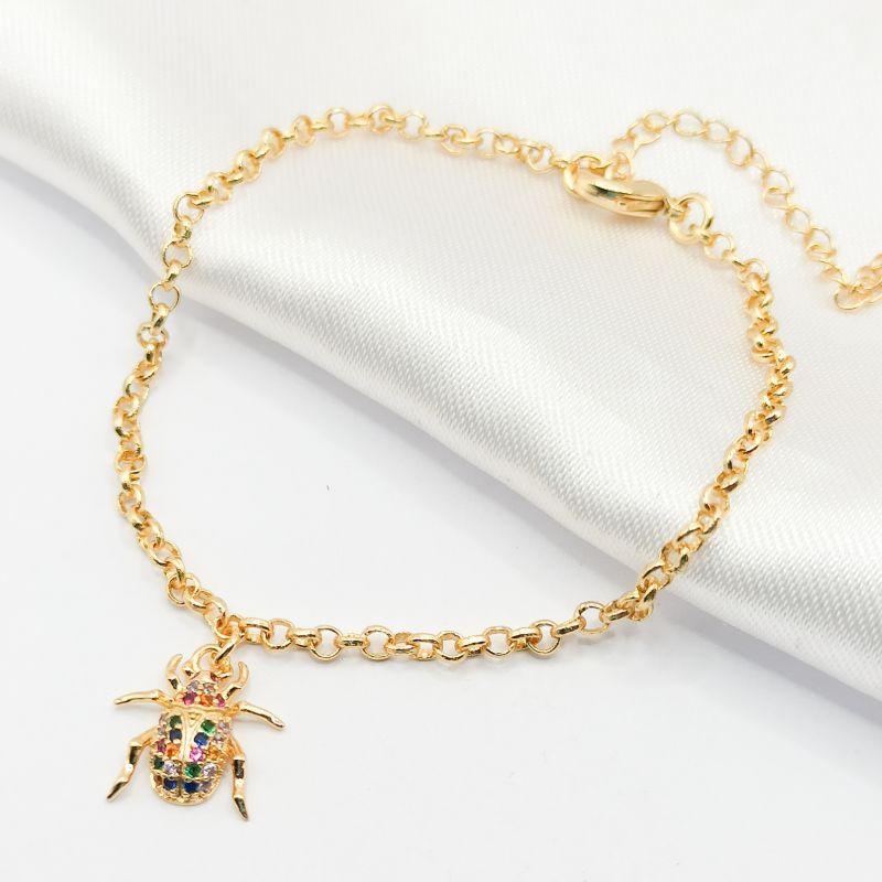 PULSEIRA DOURADA ELO PORTUGUÊS BESOURO COLORIDO