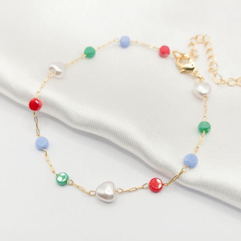 PULSEIRA DOURADA MIÇANGA COLORIDA E PÉROLA