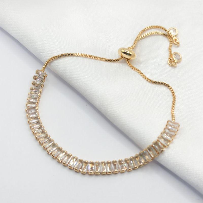 PULSEIRA DOURADA RIVIEIRA BAGUETE CRISTAL