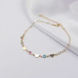 TORNOZELEIRA DOURADA COM CORAÇÃO CHAPA E ZIRCÔNIA ROSA E AZUL TORNOZELEIRA DOURADA COM CORAÇÃO CHAPA E ZIRCÔNIA ROSA E AZUL