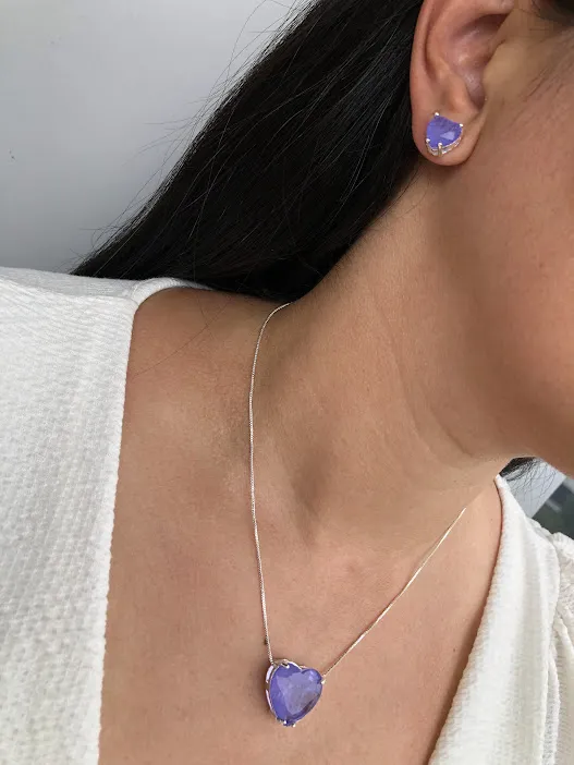 COJUNTO PRATA CORAÇÃO SALMON ROXO VERDE