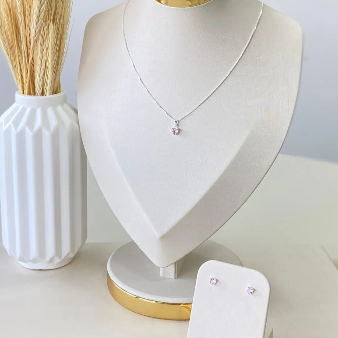 Conjunto Prata Coração Pequeno Rosa