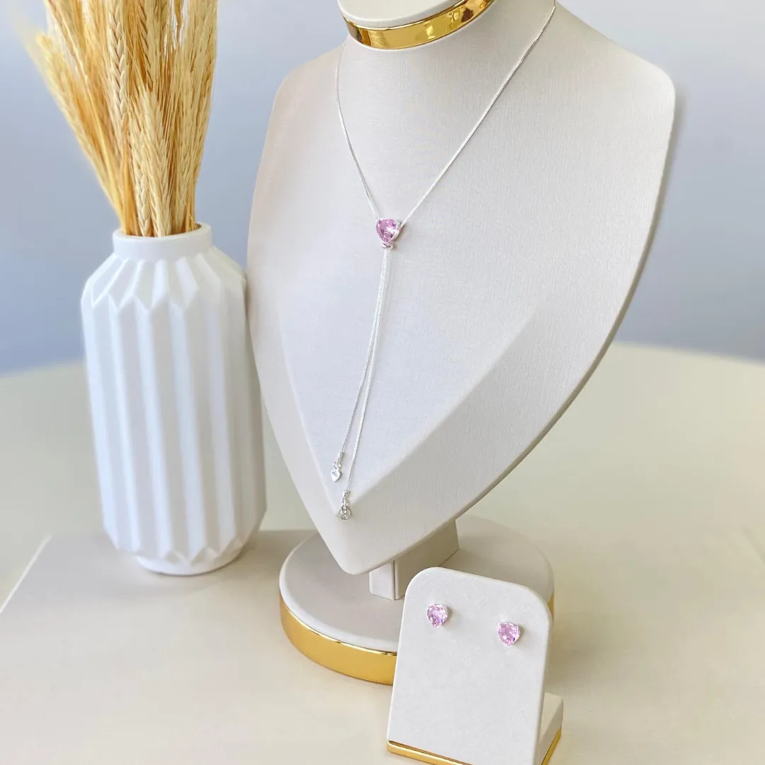 Conjunto Prata Gravata Coração Rosa