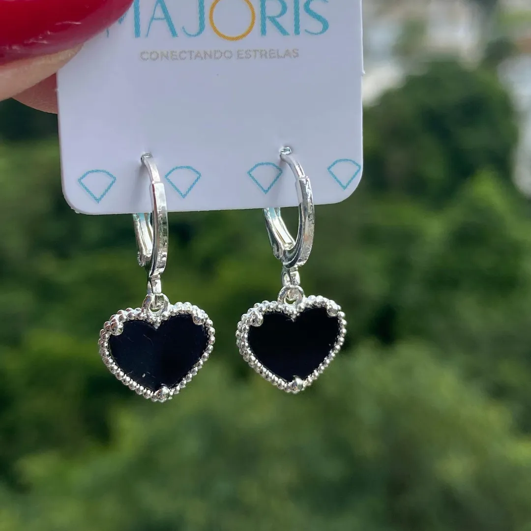 Brinco Prata Argolinha Coração Preto