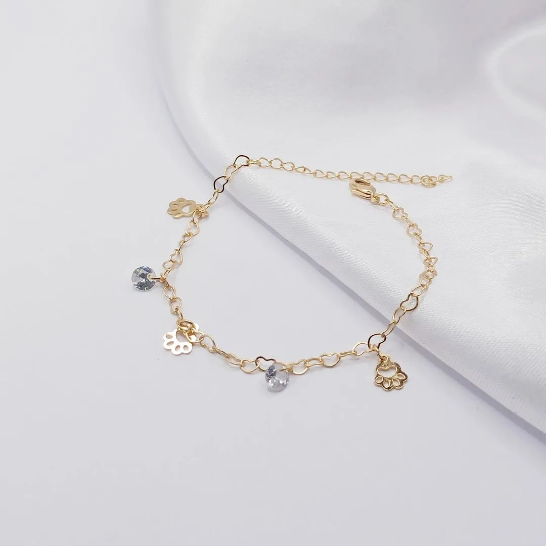 PULSEIRA DOURADA COM ELO DE CORAÇÃO PINGENTE PATINHA E PONTO DE LUZ