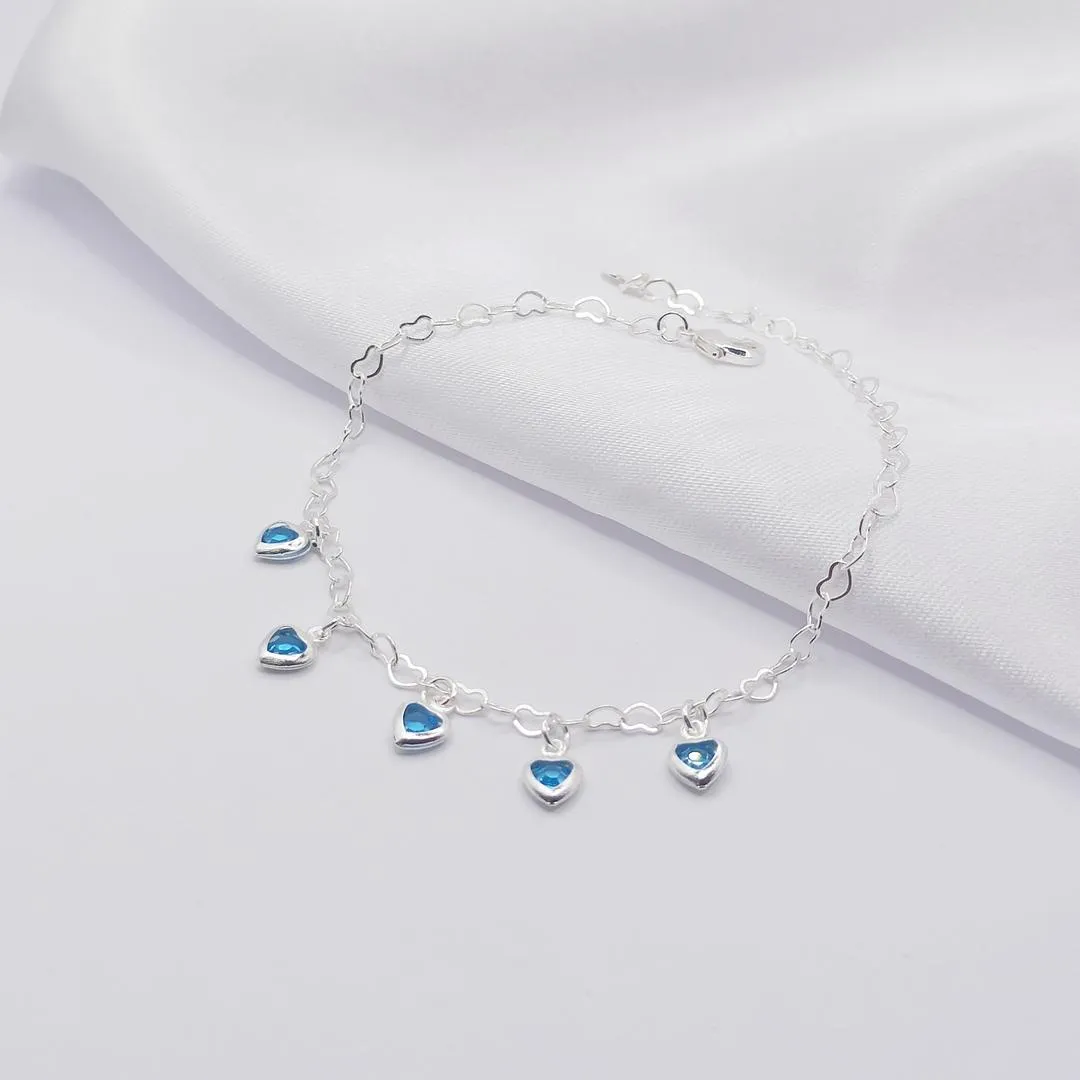 PULSEIRA PRATA ELO DE CORAÇÃO COM PENDURICALHO CORAÇÃO AZUL