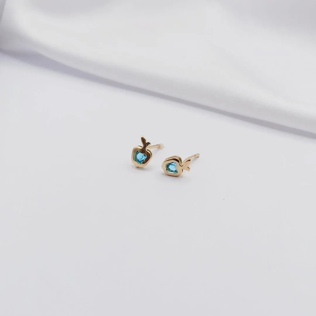 BRINCO DOURADO MAÇÃ EM ZIRCÔNIA AZUL