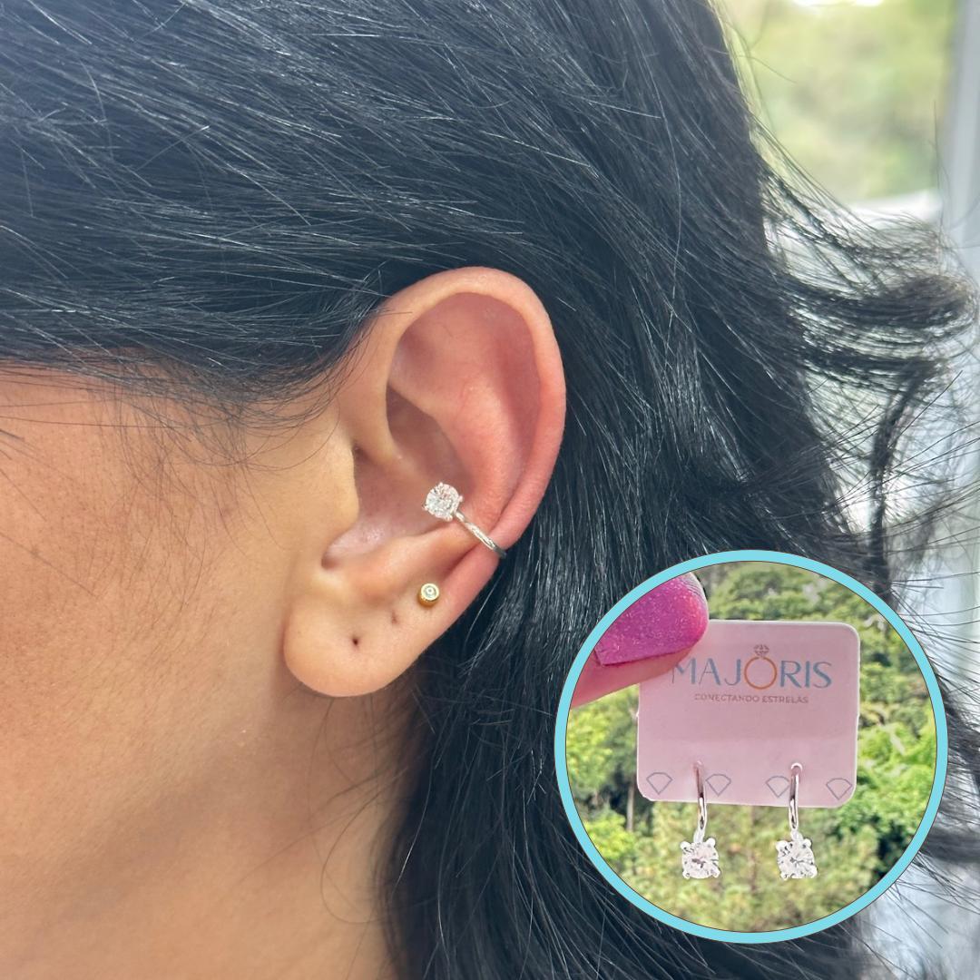 Brinco Prata Par Piercing Fake Zircônia