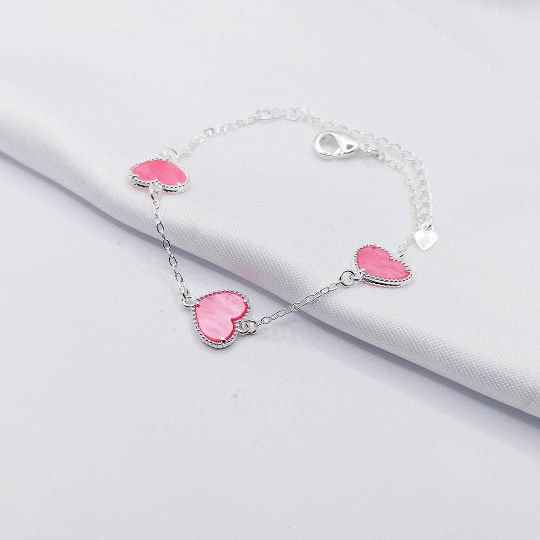 PULSEIRA PRATA CORAÇÃO MADREPÉROLA ROSA