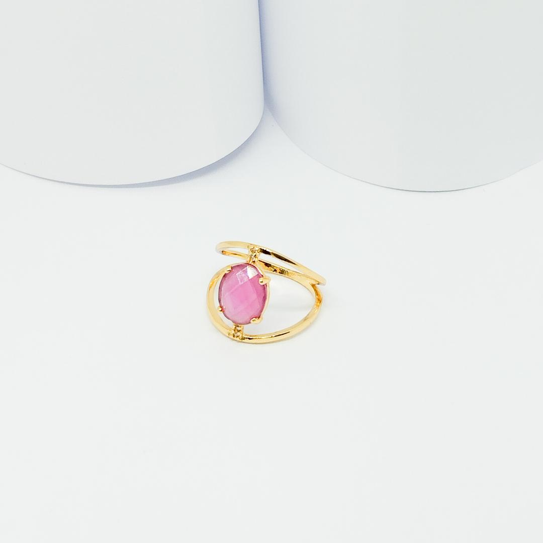 ANEL DOURADO ARO DUPLO COM ZIRCÔNIA OVAL ROSA