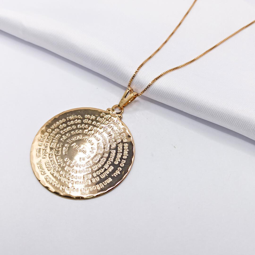 GARGANTILHA DOURADA MEDALHA ORAÇÃO PAI NOSSO 45CM