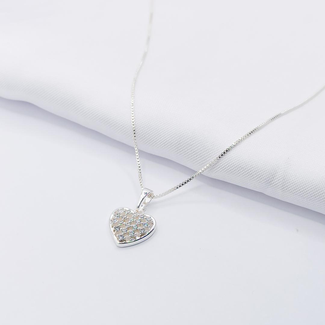 GARGANTILHA PRATA CORAÇÃO CRAVEJADO ZIRCÔNIA CRISTAL 45CM