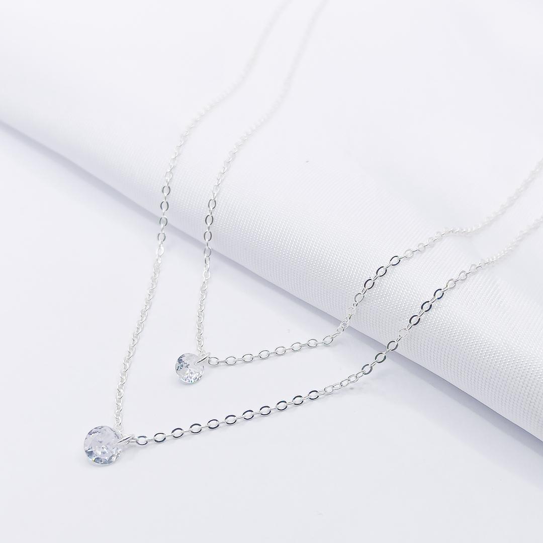 GARGANTILHA PRATA DUPLA COM ELO OVAL E PONTO DE LUZ CRISTAL 45CM