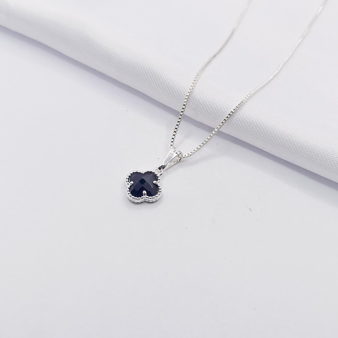 GARGANTILHA PRATA INSPIRAÇÃO TREVO VAN CLEEF BLACK 45CM