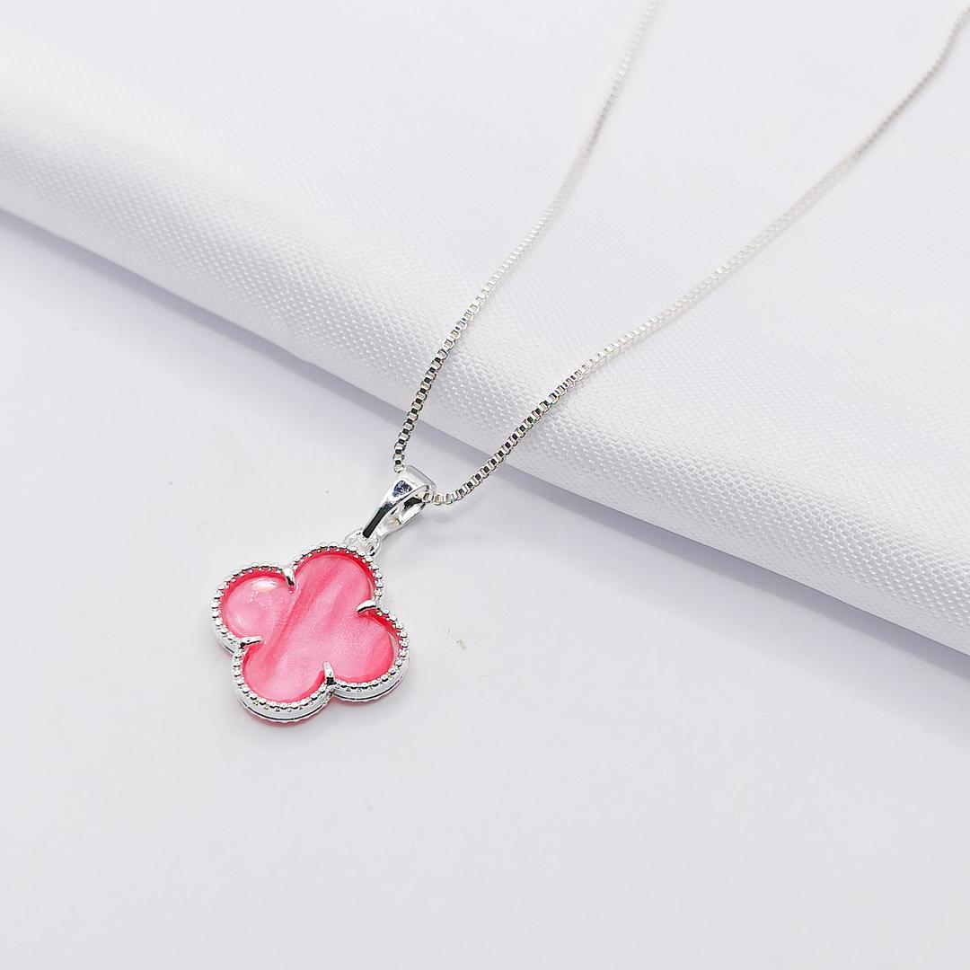 GARGANTILHA PRATA INSPIRAÇÃO TREVO VAN CLEEF MADRE PÉROLA ROSA 45CM