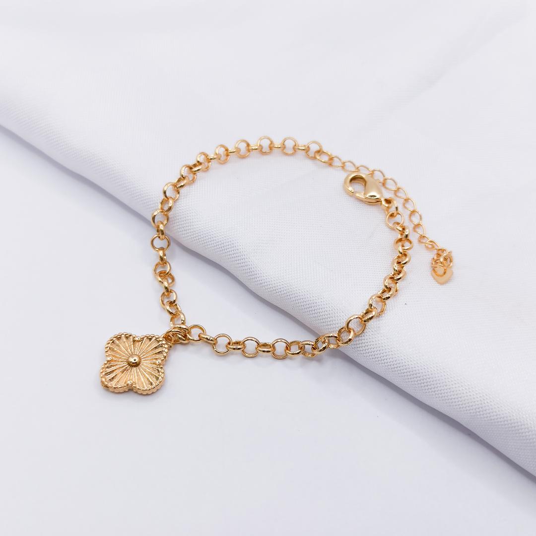 PULSEIRA DOURADA ELO PORTUGUÊS INSPIRAÇÃO TREVO VAN CLEEF PLISSADO