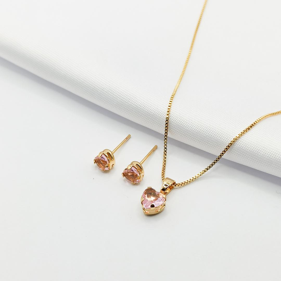 CONJUNTO DOURADO CORAÇÃO ROSA 45CM