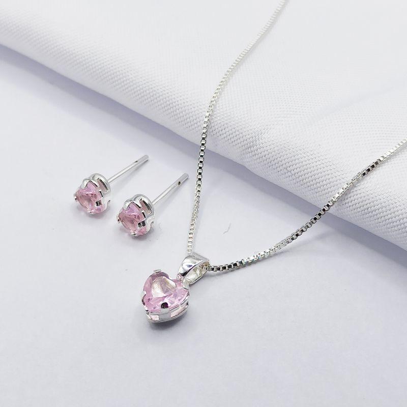 CONJUNTO PRATA CORAÇÃO ROSA 45CM
