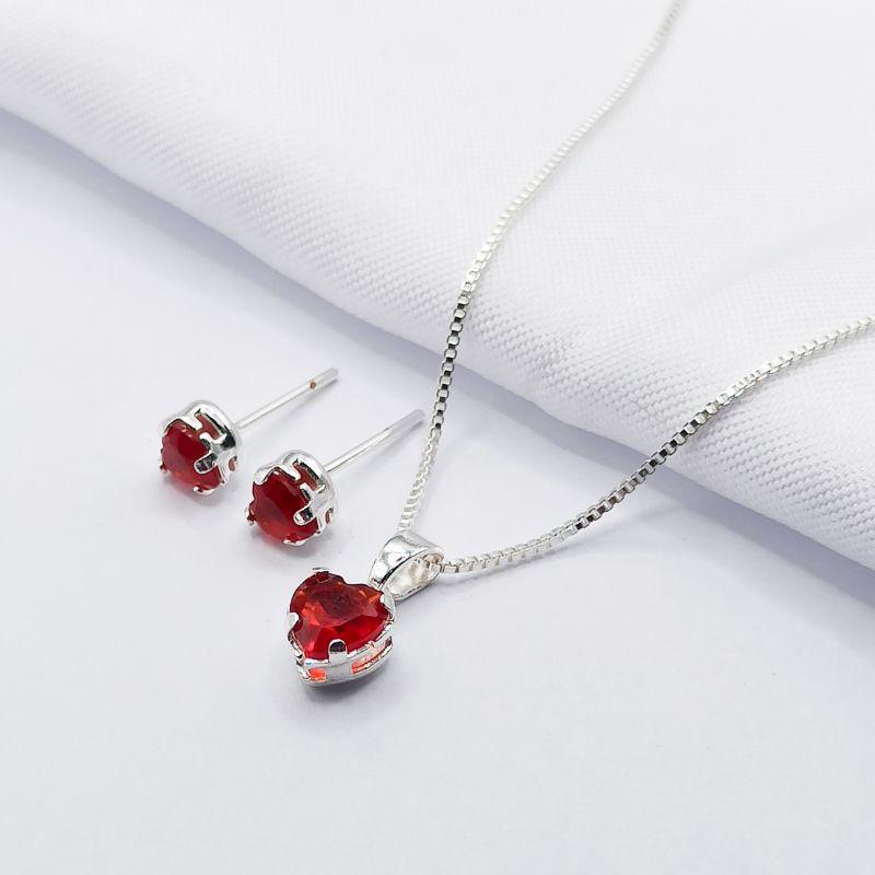 CONJUNTO PRATA CORAÇÃO VERMELHO 45CM