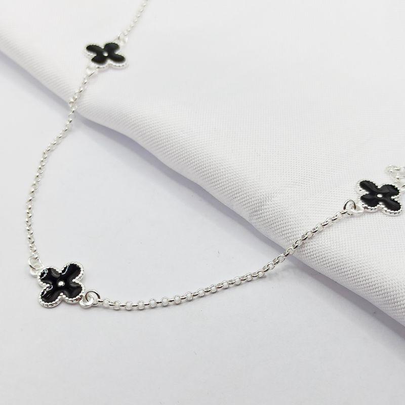 GARGANTILHA PRATA ELO PORTUGUÊS INSPIRAÇÃO VAN CLEEF RESINADO BLACK 45CM