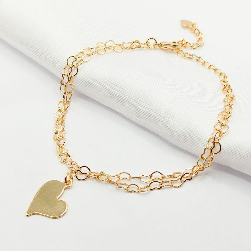 PULSEIRA DOURADA DUPLA ELO CORAÇÃO E CORAÇÃO CHAPA