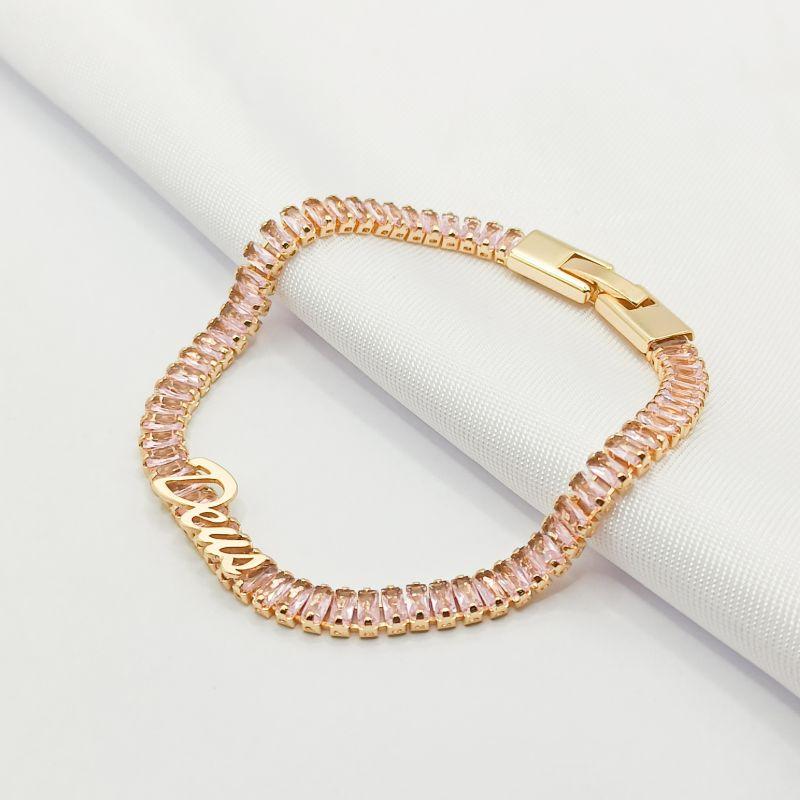 PULSEIRA DOURADA RIVIERA BAGUETE ROSA DEUS