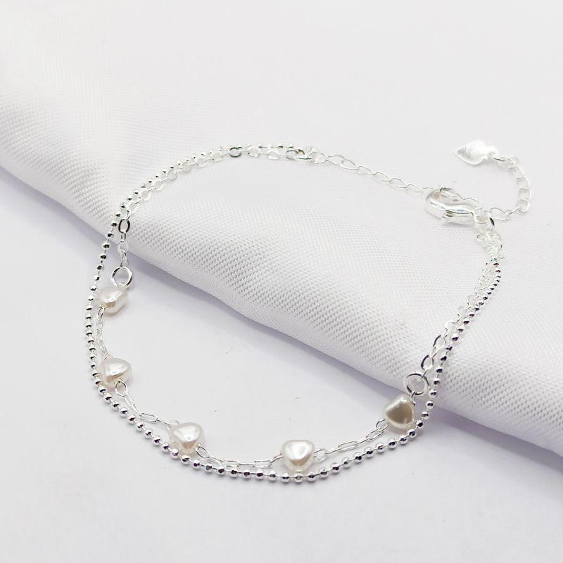 PULSEIRA PRATA DUPLA BOLINHA E PÉROLA CORAÇÃO