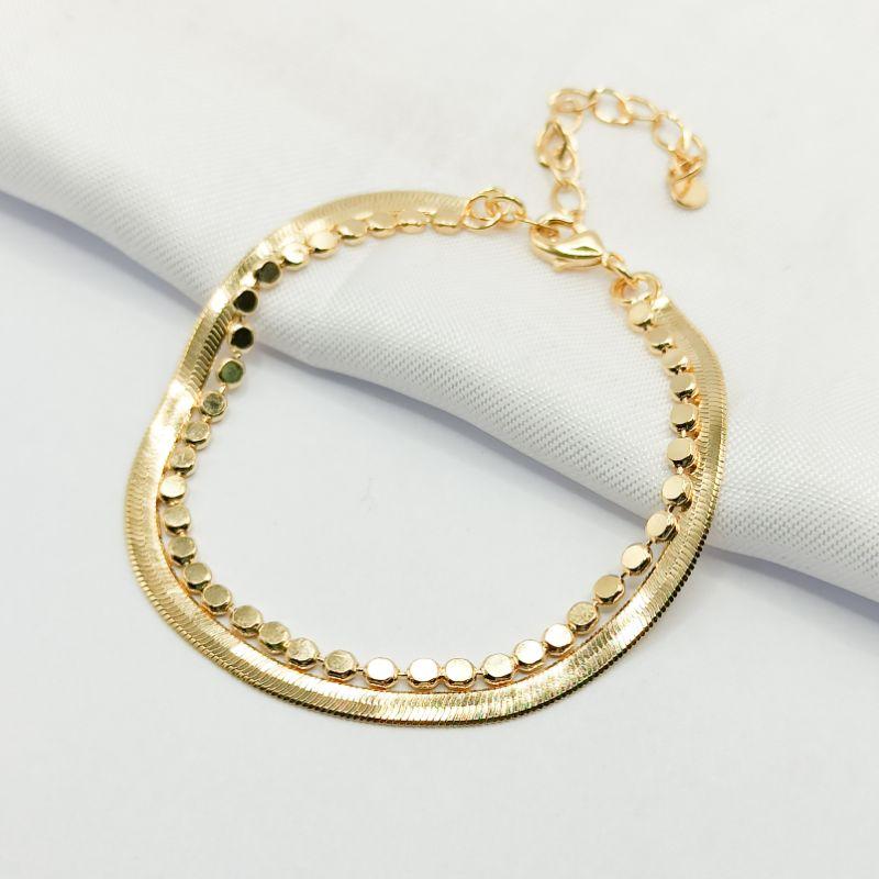 PULSEIRA DOURADA DUPLA MALHA FITA E BOLINHA