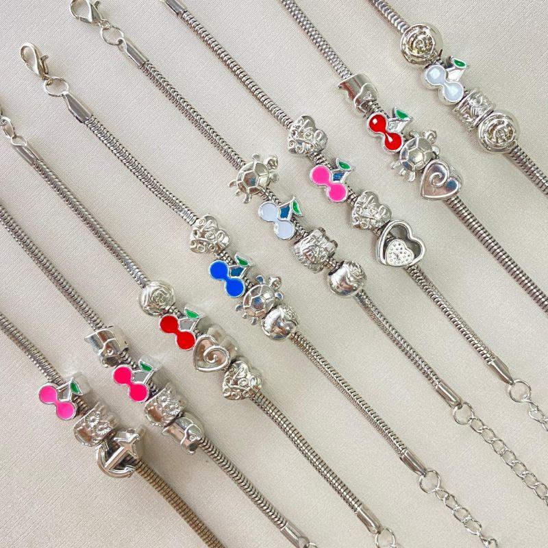 Pulseira Aço Inox Infantil Cereja Colorida Coruja