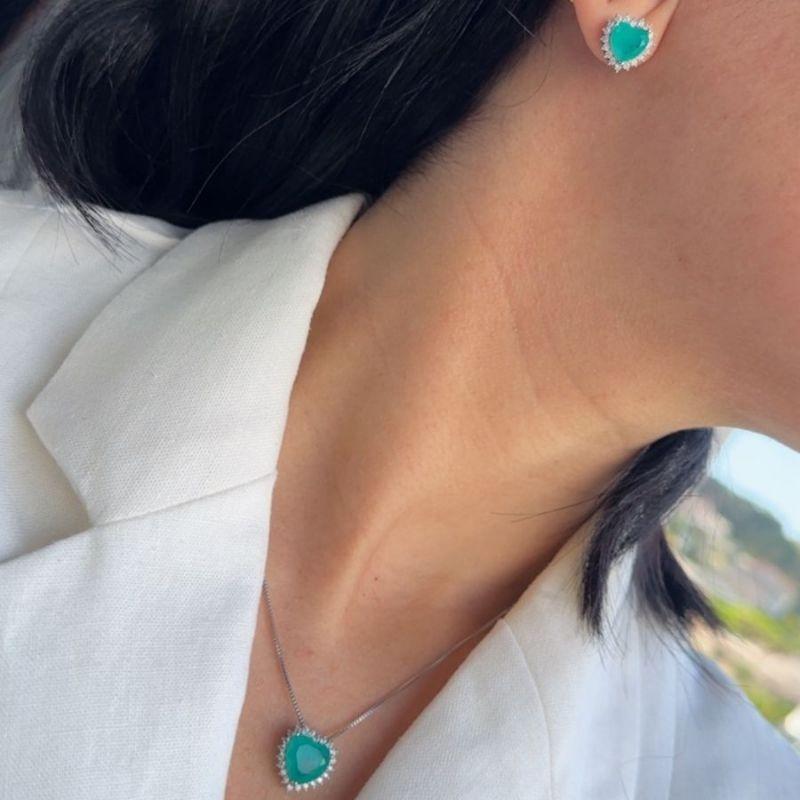 Conjunto Ródio Branco Coração Tiffany Cravejado