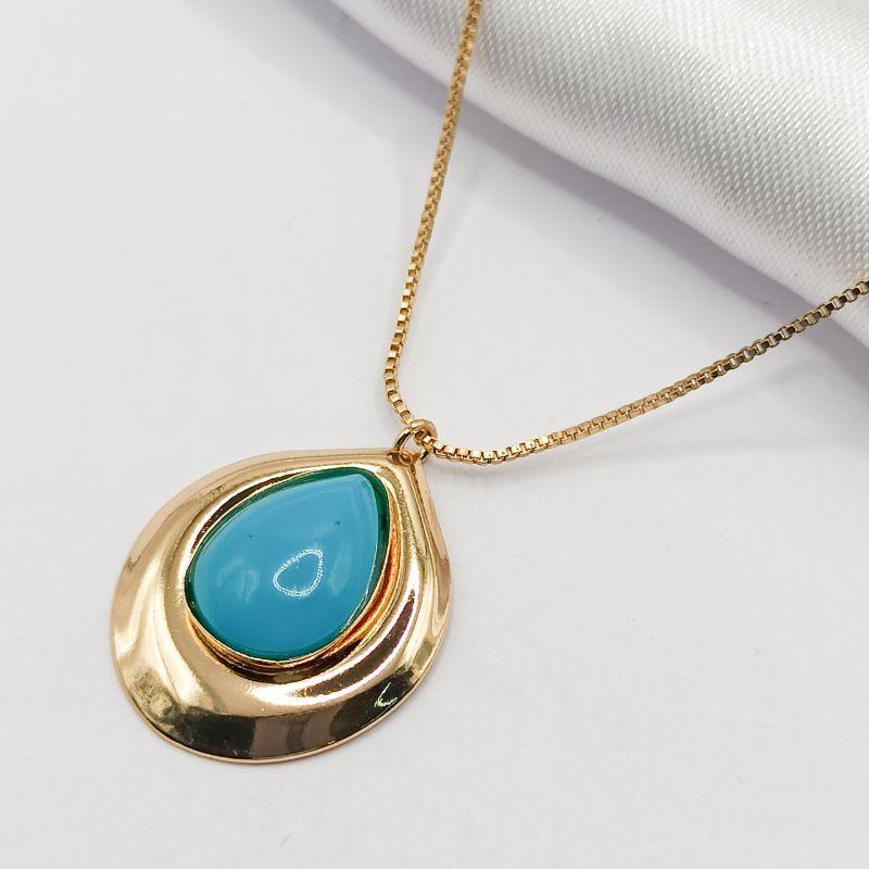 GARGANTILHA DOURADA PEDRA NATURAL TURQUESA BASE LISA 45CM