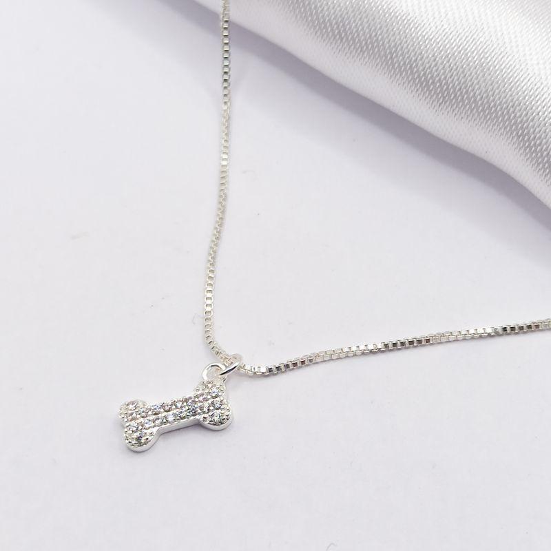 GARGANTILHA PRATA CHOKER OSSINHO CRAVEJADO 35CM