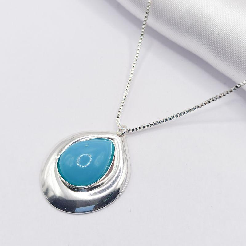 GARGANTILHA PRATA PEDRA NATURAL TURQUESA BASE LISA 45CM