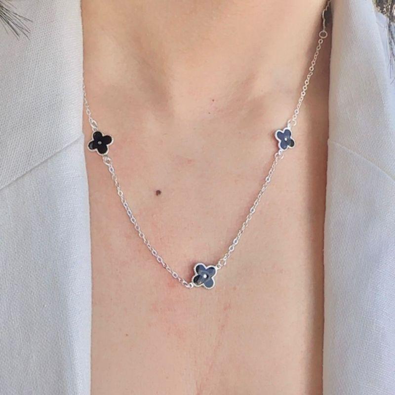 Gargantilha Prata Trevos Preto 50 cm