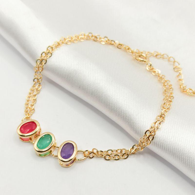 PULSEIRA DOURADA CORRENTE DUPLA 3 CRISTAIS OVAIS COLORIDOS