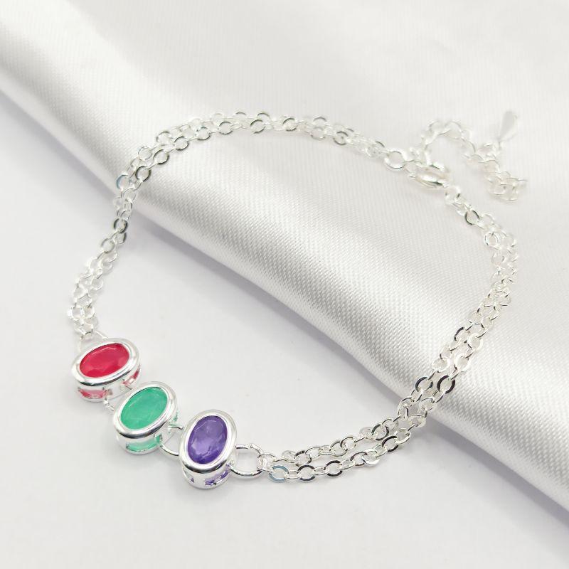 PULSEIRA PRATA CORRENTE DUPLA 3 CRISTAIS OVAIS COLORIDOS