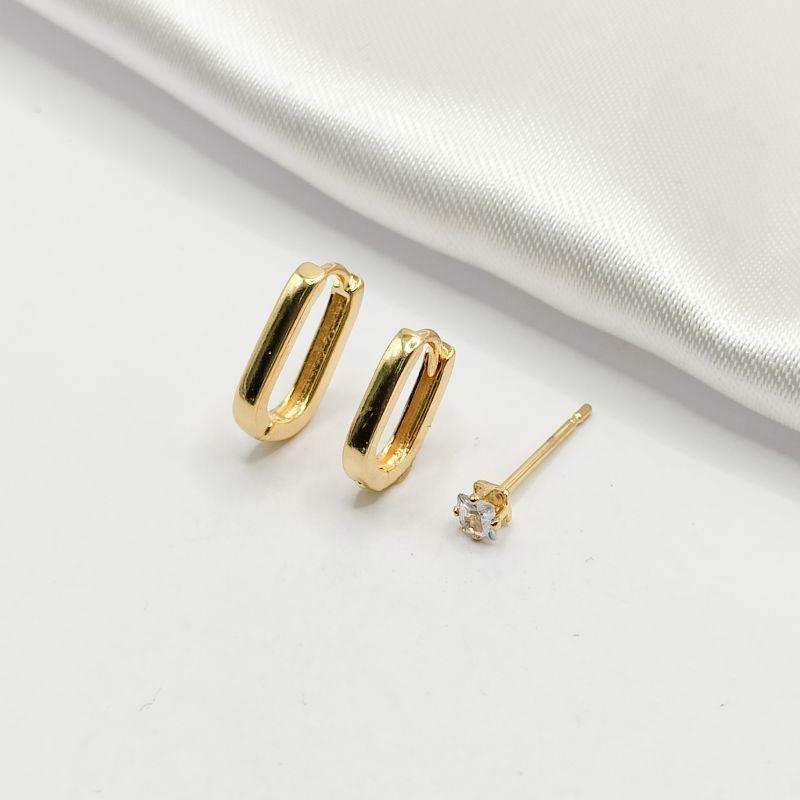 BRINCO DOURADO TRIO 2 ARGOLAS CLICKS QUADRADAS E CRISTAL CARRÊ