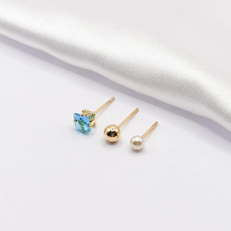 BRINCO DOURADO TRIO CARRÊ AZUL BOLINHA E PÉROLA