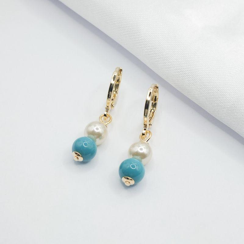 BRINCO DOURADO ARGOLA CLIK PINGENTE PEROLA E BOLA AZUL