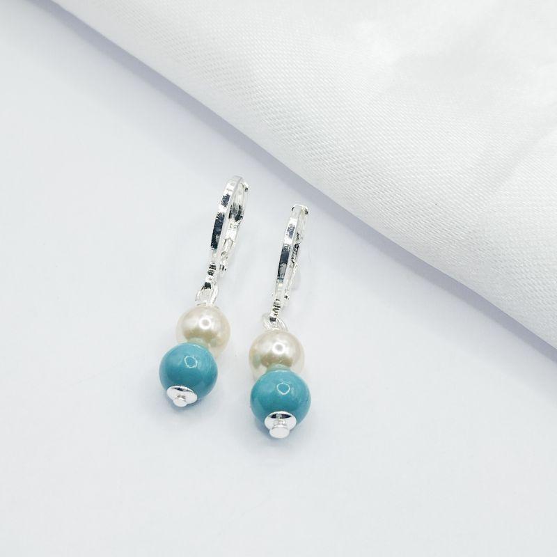 BRINCO PRATA ARGOLA CLIK PINGENTE PEROLA E BOLA AZUL